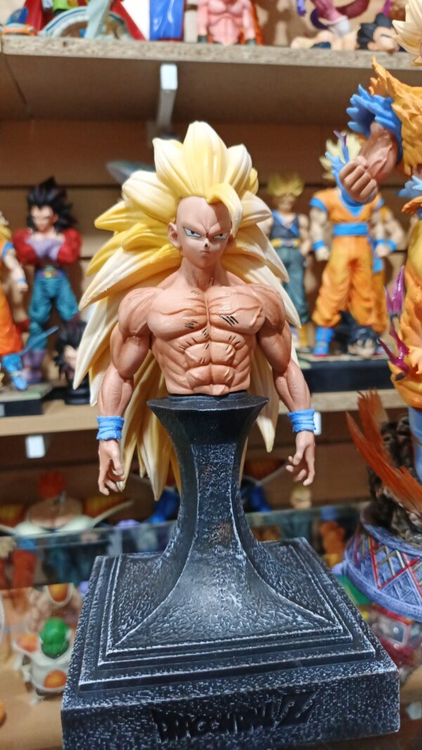 Goku face 3 
Goku super Sayan 
Goku super Sayayín 2
Tamaño:24cm Goku con bace face 3
Tamaño:34cm Goku tirando rayos 
Tamaño:25 Goku super Sayan con bace